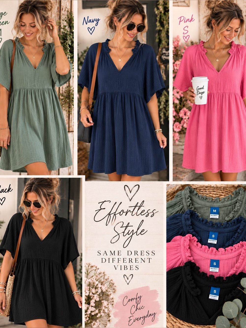 Old Navy Effortless V-Neck Smocked Dress - Pink, Navy, Sage, Black